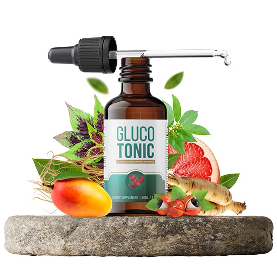 GlucoTonic® bottle with natural ingredients supporting healthy blood sugar, energy, and weight management